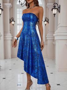 SHEIN Unity 提花不對稱下擺抹胸洋裝 - 藍色 - 查看 4