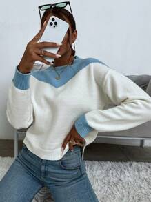 SHEIN Unity Two Tone Drop Shoulder Sweater - White - View 1