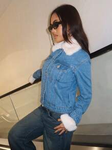 SHEIN ICON Cazadora mezclilla cuello de borreguito con diseño de solapa - Azul lavado medio - Ver 3