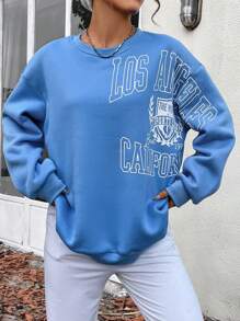 SHEIN Unity 字母图案落肩套头卫衣，秋季卫衣 - 藍色 - 查看 4