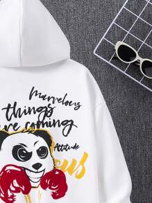 SHEIN Tween Boy Panda & Slogan Graphic Drop Shoulder Zip Up Thermal Hoodie
