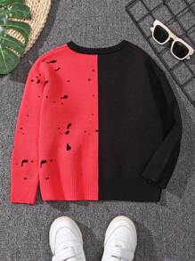 SHEIN Young Boy Two Tone Spider Pattern Sweater - Black - View 2