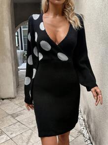 Chiquease Polka Dot Pattern Lantern Sleeve Wrap Belted Sweater Dress - Black and White - View 3