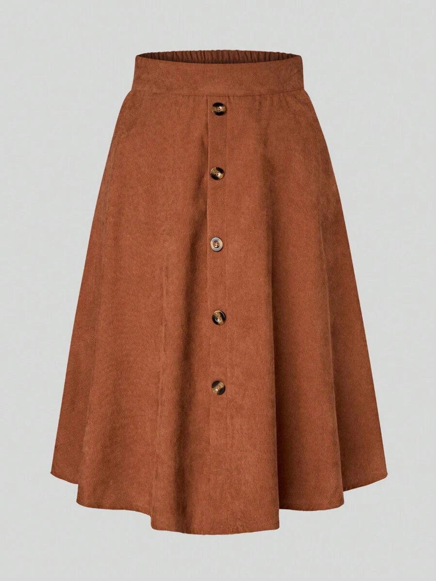 SHEIN LUNE 大碼紐扣細節傘狀燈芯絨半身裙