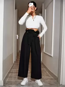 EURMUSE Paperbag Drawstring Waist Wide Leg Pants - Black - View 5