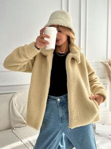 EURMUSE Zip Up Slant Pocket Teddy Coat - Beige - View 1