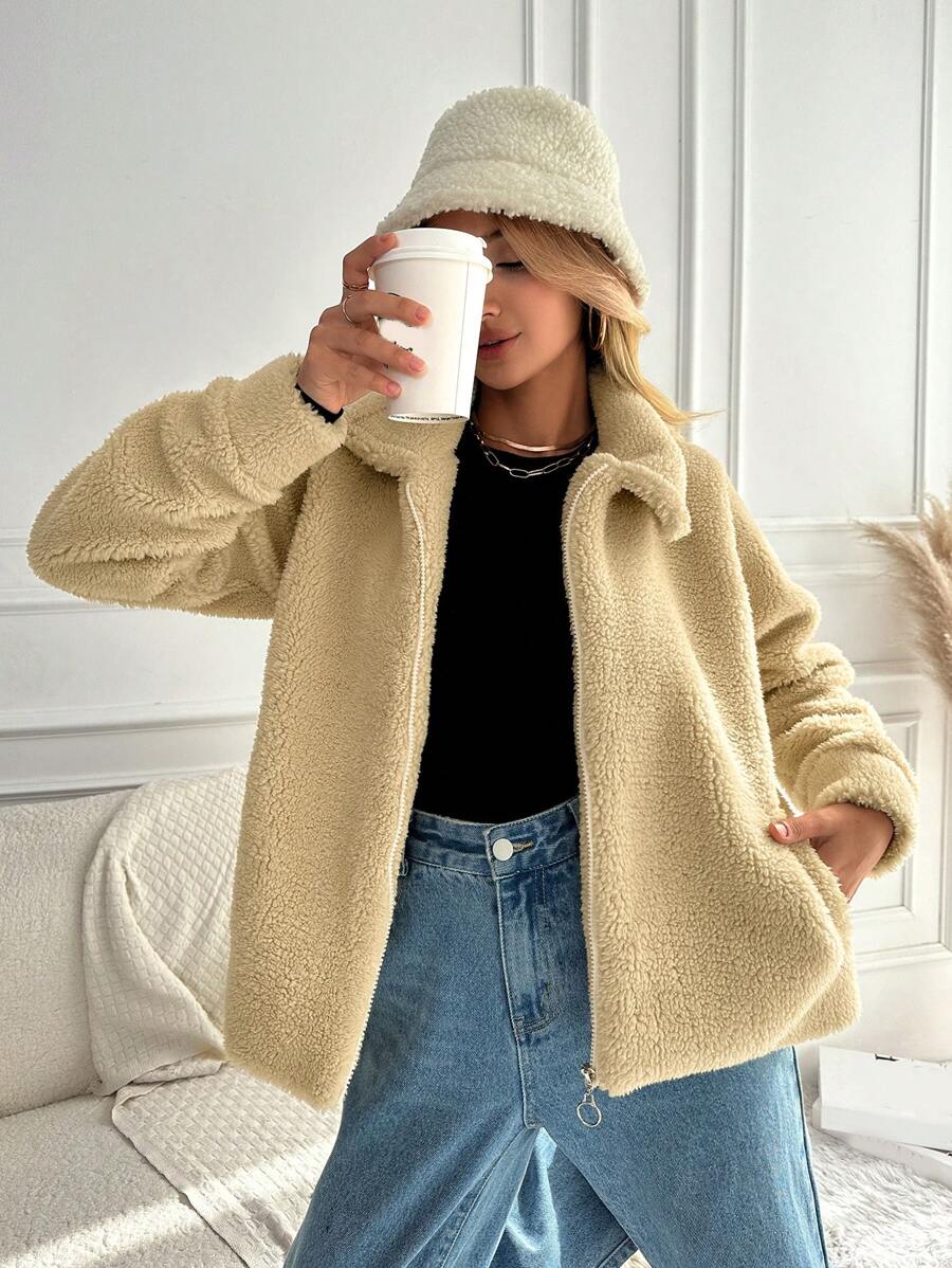 EURMUSE Zip Up Slant Pocket Teddy Coat - Beige - View 1