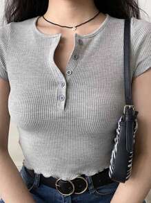 SHEIN Essnce Button-up Half Placket Raglan Sleeve Ribbed Knit T-shirt - Grey - View 4