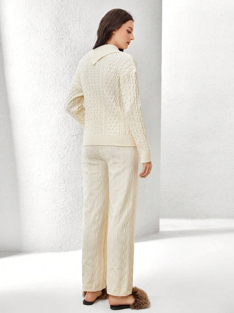 Asymmetrical Neck Cable Knit Sweater & Knit Pants 2 Piece Set Fall Cloth For Women