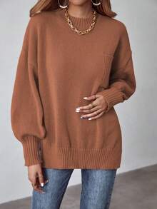 SHEIN LUNE 素色落肩袖口袋貼布套頭毛衣 - 棕色 - 查看 5