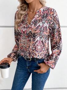 EMERY ROSE Allover Print Notched Neckline Flounce Sleeve Blouse - Multicolor - View 3