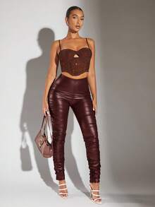 SHEIN BAE PU Leather Stacked Pants - Burgundy - View 4