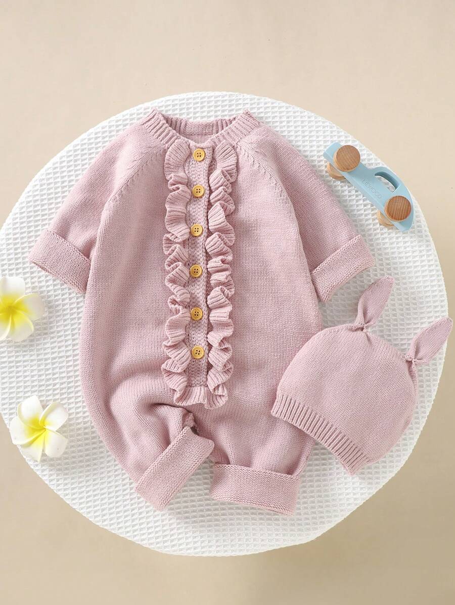 SHEIN 2pcs/Set Baby Girls' Floral Lace Knitted Romper With Cute Bunny Ear Hat, Stylish Crew Neck Long Sleeve Jumpsuit - Pink - View 1
