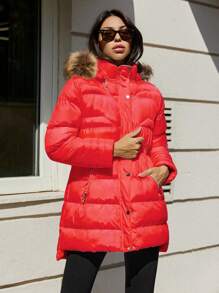 EURMUSE Women's Long Sleeve Zipper Front Pocket Fur Collar Casual Hooded Winter Jacket - Red - View 4
