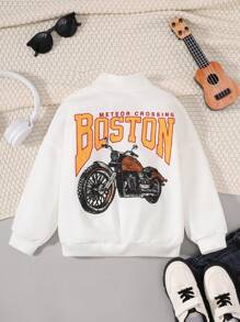 SHEIN 男小童摩托車和字母圖案落肩袖運動衫 - 白色 - 查看 1