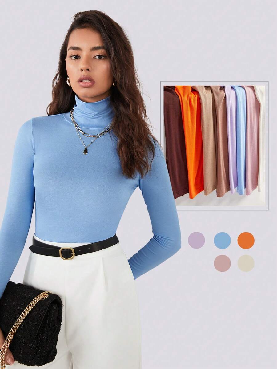 RueChic Solid Green Stretch Mock Neck Slim Fit Top, Work Uniform