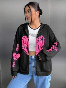 SHEIN EZwear Plus Size Heart Graphic Hooded Zipper Sweatshirt - Black - View 3
