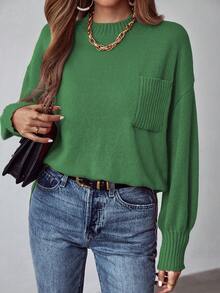SHEIN LUNE Solid Drop Shoulder Pocket Patched Sweater - Green - View 5