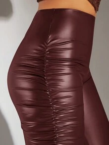 SHEIN BAE PU Leather Stacked Pants - Burgundy - View 3