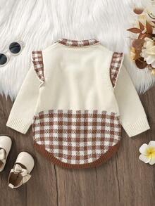 Baby Girl Floral Embroidery Gingham Pattern Ruffle Trim Polo Neck Knit Bodysuit - Coffee Brown - View 2