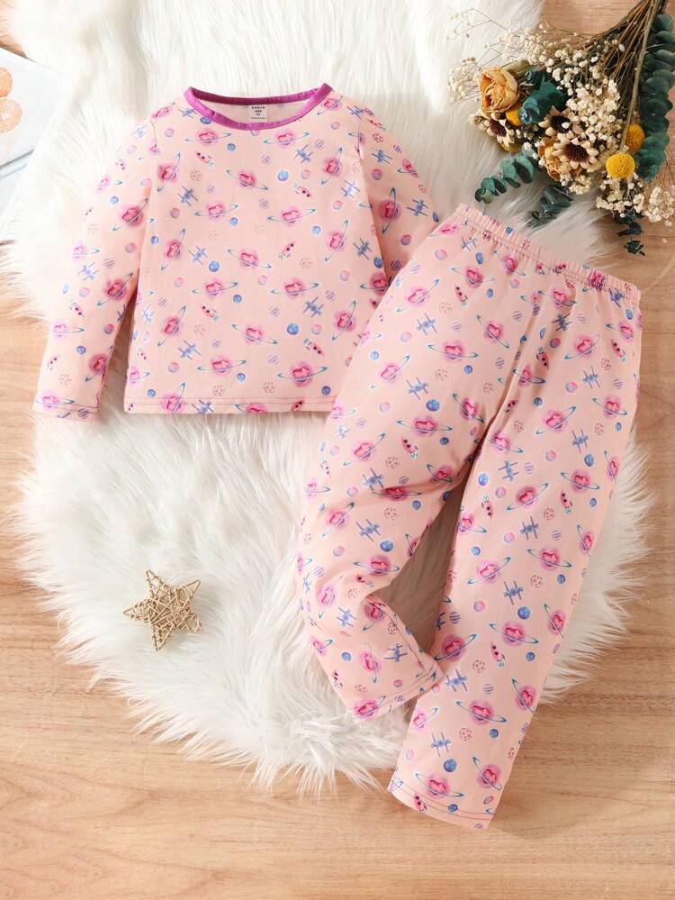 Young Girl Floral Print Contrast Binding PJ Set