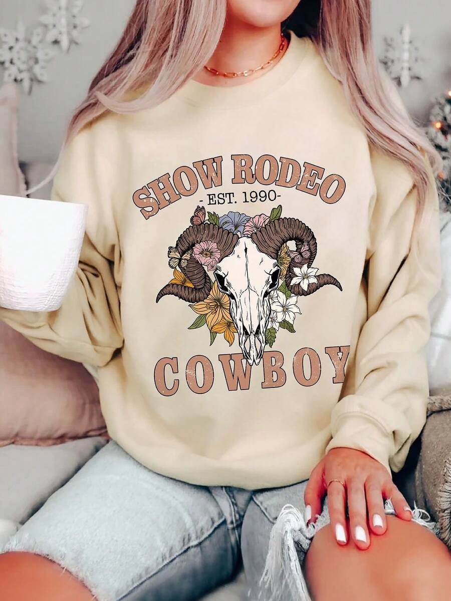 SHEIN EZwear 花卉和字母圖案落肩袖運動衫 - 杏色 - 查看 1