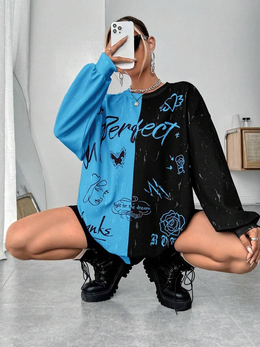 SHEIN EZwear Đồ họa Chữ cái Hai âm Thả vai Áo nỉ - Màu xanh lam - Xem 1