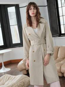 Double Breasted Raglan Sleeve Buckle Belted Trench Coat Fall Cloth For Women - Apricot - View 3