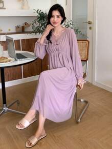 DAZY 女士鬆身睡裙,蕾絲拼接,前蝴蝶結裝飾 - 紫色 - 查看 4