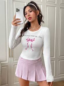 SHEIN EZwear 蝴蝶結&標語圖案T恤 - 白色 - 查看 6