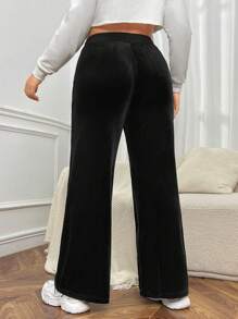 SHEIN EZwear Women's Plus Size Black Velvet Drawstring Waist Straight Leg Pants - Black - View 2