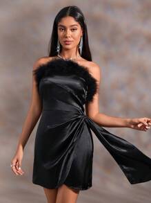Aveloria Fuzzy Trim Knot Side Wrap Hem Tube Dress
