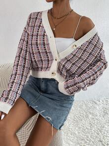 SHEIN Frenchy 格紋圖案落肩袖前紐扣開襟衫 - 粉色 - 查看 3