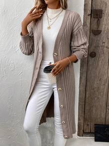 SHEIN LUNE 落肩袖前紐扣開襟衫 - 駝色 - 查看 3