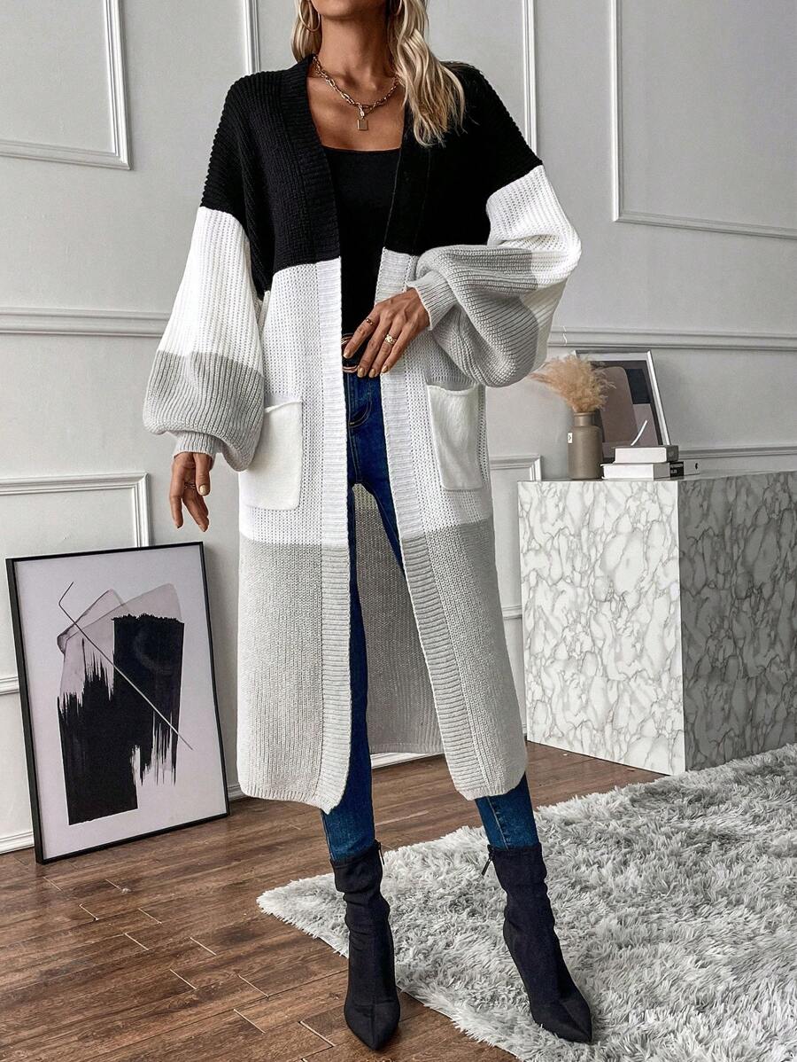 SHEIN LUNE Áo khoác cardigan dáng dài hai túi màu khối - Nhiều màu - Xem 1