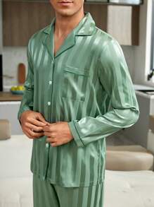 男士條紋鬆緊睡衣套裝,帶翻領 - 綠色 - 查看 6