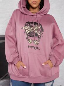 SHEIN CURVE+ 大码人像字母图案落肩抽绳卫衣 - 玫瑰紅 - 查看 1