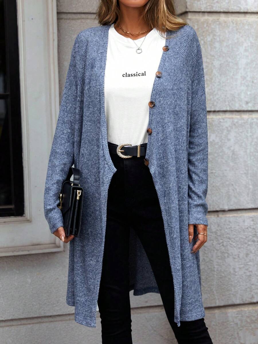 SHEIN LUNE Space Dye Drop Shoulder Button Front Coat - Blue - View 1