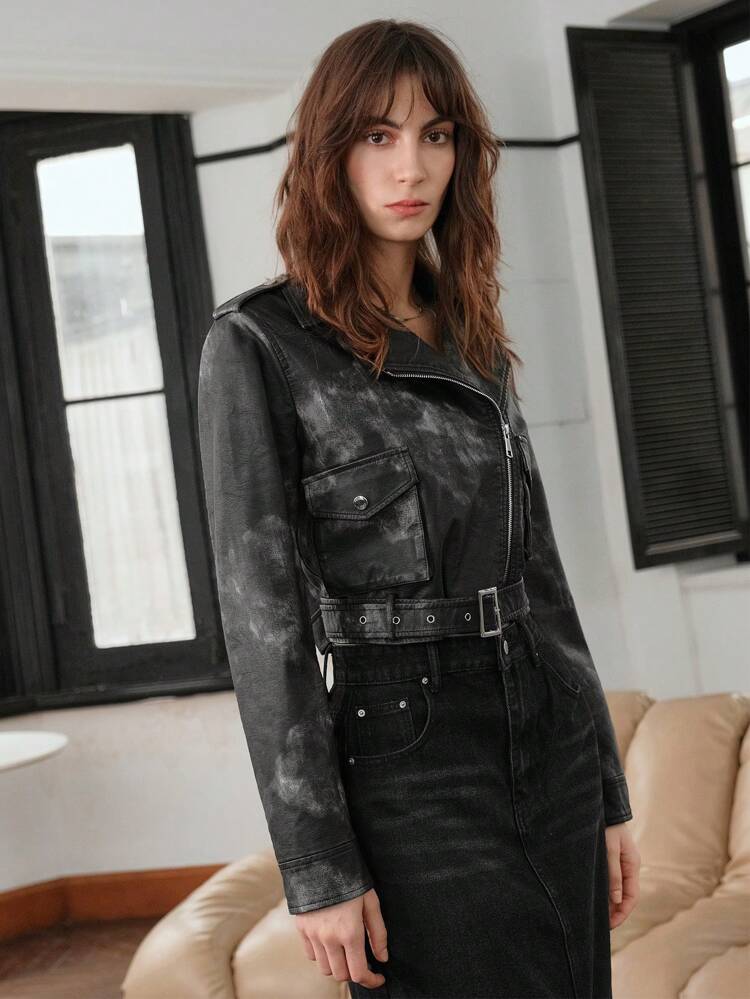 Cazadora de moto con bolsillo con solapa con cremallera PU