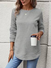 SHEIN LUNE Chất rắn Vòng cổ Áo nỉ - Màu Xám nhạt - Xem 4