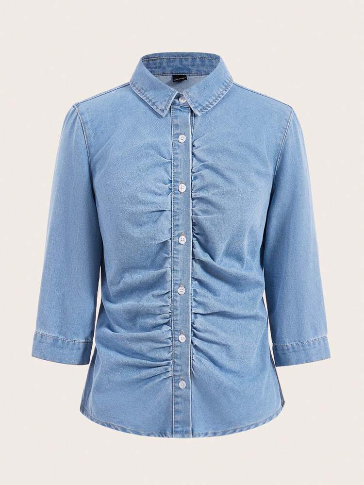 Ruched Button Front Denim Top