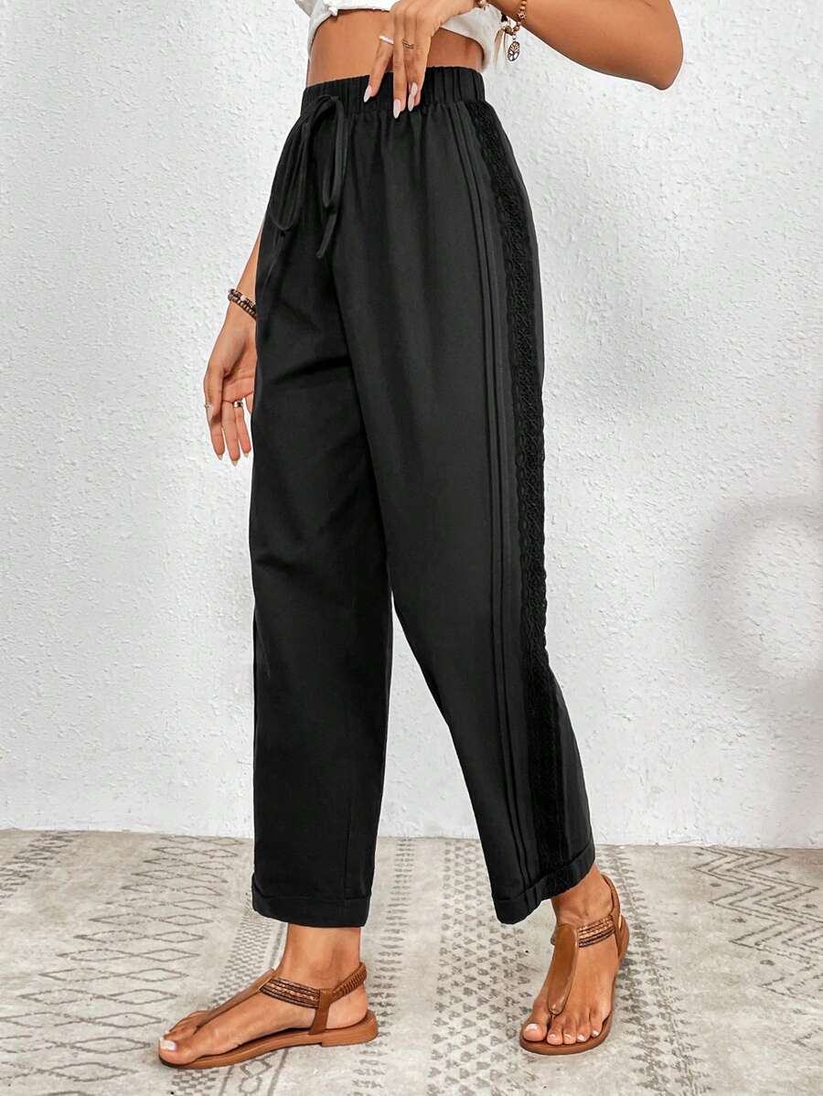 SHEIN VCAY Tie Waist Straight Leg Pants - Black - View 1