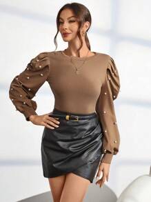 SHEIN Privé Top con cuenta de perla de manga farol tejido de canalé - Café integral - Ver 4