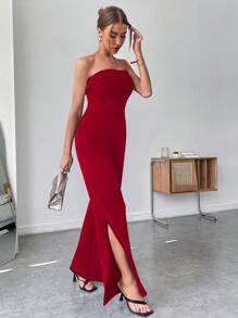 SHEIN BAE 下擺開叉抹胸連體褲 - 紅色 - 查看 4