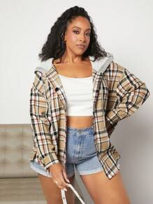 SHEIN CURVE+ Plus Plaid Print Drop Shoulder Drawstring Hooded Shirt