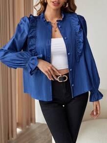 SHEIN Privé Ruffle Trim Flounce Sleeve Blouse - Blue - View 3