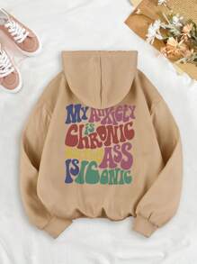 SHEIN EZwear 標語圖案抽繩加絨內裏連帽衫 - 卡其色 - 查看 1