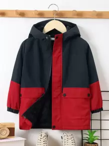 SHEIN Young Boy Two Tone Flap Pocket Hooded Thermal Lined Coat - Black - View 5