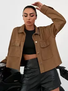 EURMUSE Ring Detail Drop Shoulder Flap Pocket Jacket - Camel - View 5