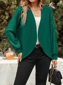 SHEIN Clasi Abrigo con lentejuela en contraste con parte delantera abierta de hombros caídos - Verde Oscuro - Ver 2